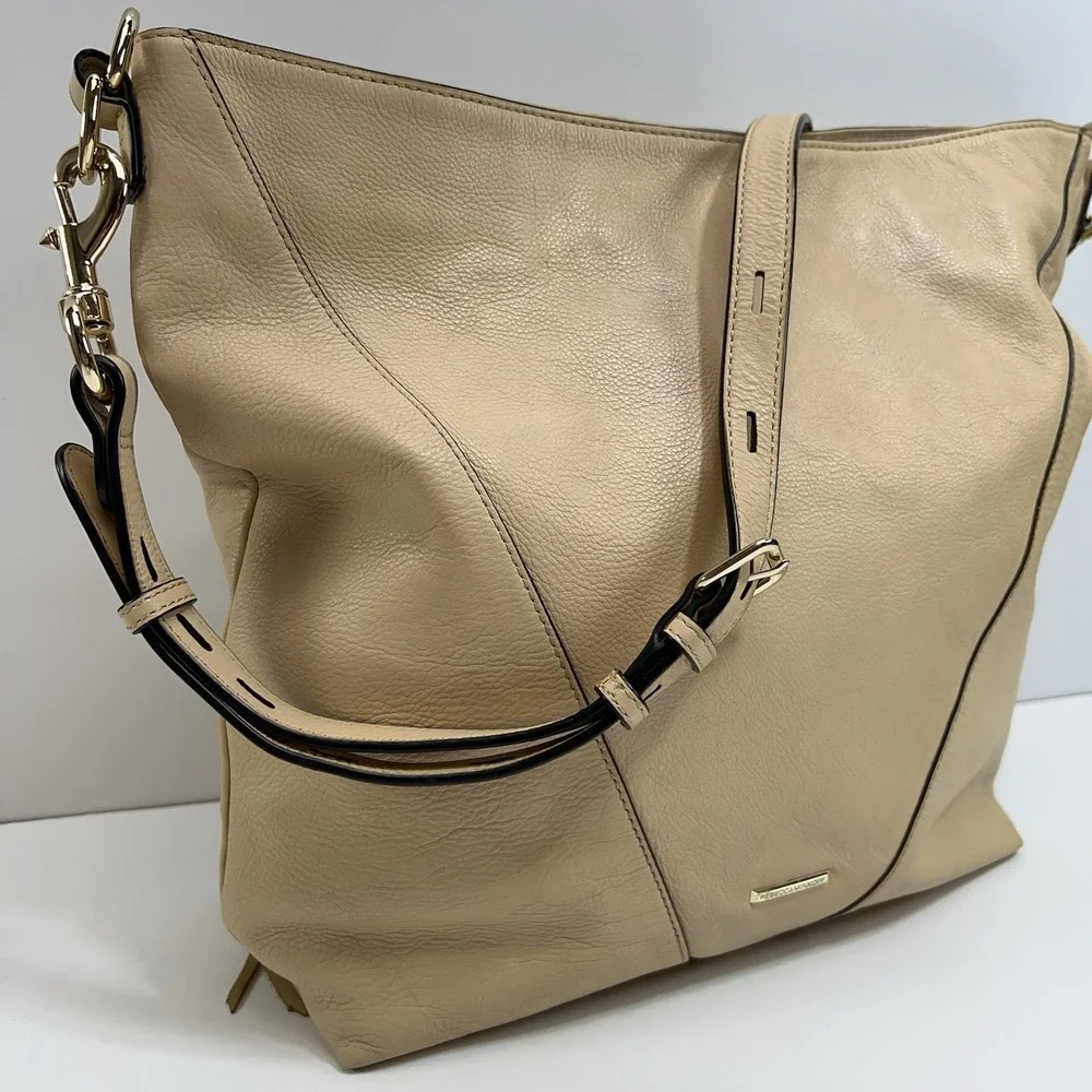 REBECCA MINKOFF Leather Hobo Bag Large Gold Zip Moto Shoulder Purse Tote Beige